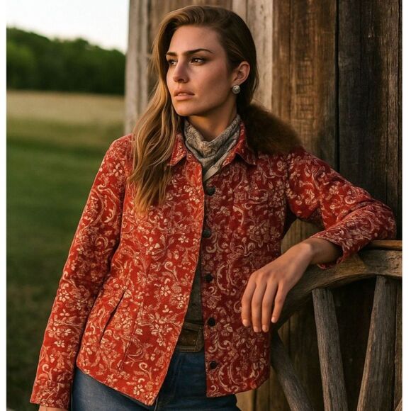 Serengeti Jackets & Blazers - Serengeti Western Trucker Shacket Womens Sz L Red Bandana Floral Light Cotton